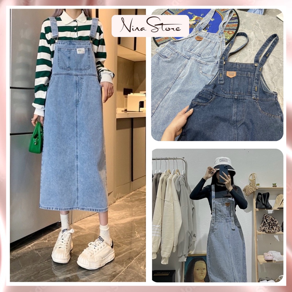 Váy yếm jean nữ phối túi lớn trước ngực, Váy yếm bò dáng dài chất denim dày dặn không co giãn 2 màu NinaStore