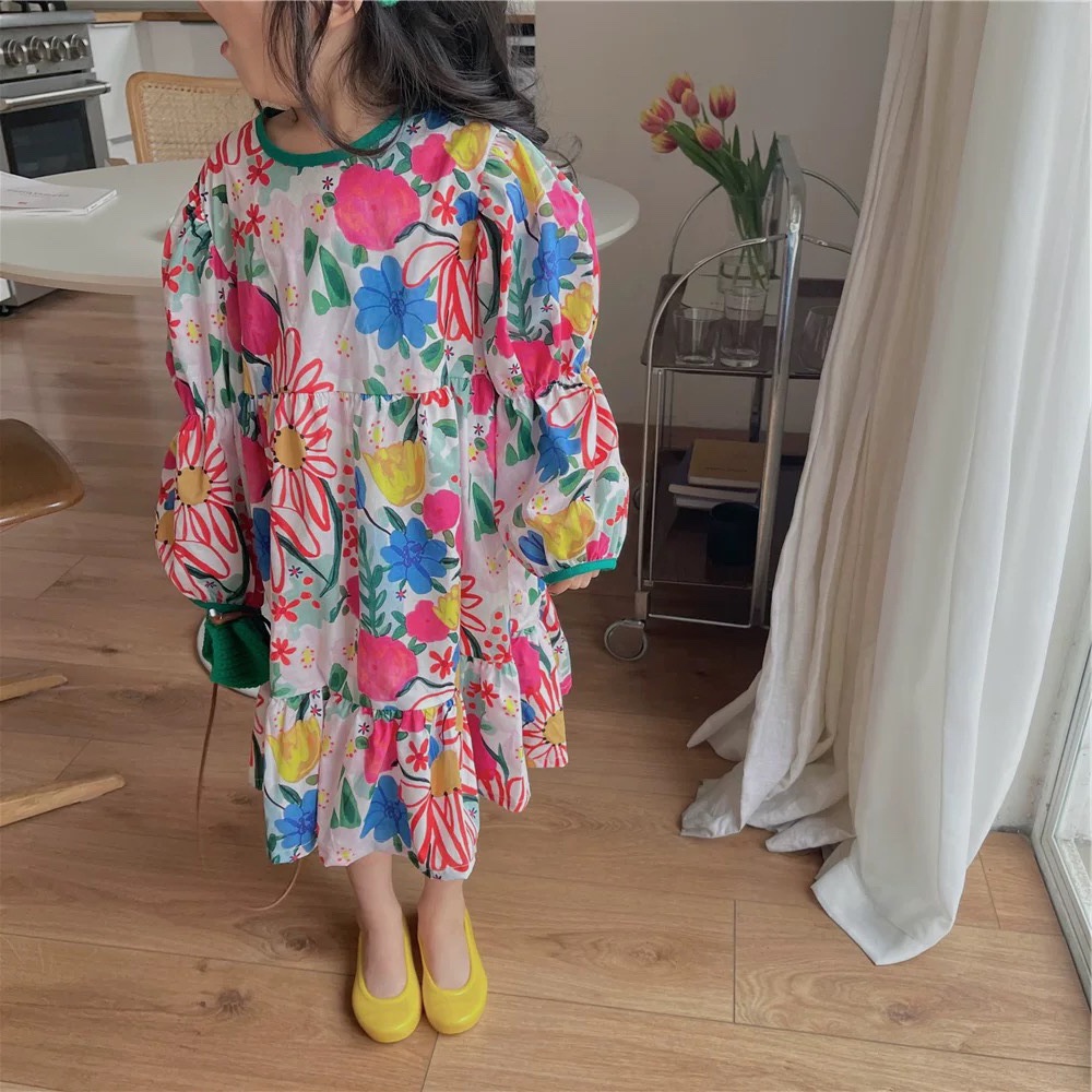 Váy hoa in cổ tròn mùa hè cho bé gái tay bồng công chúa