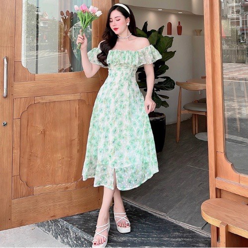 Đầm trễ vai dáng dài, váy trễ vai đi biển, đi tiệc Chất liệu voan tơ hạt