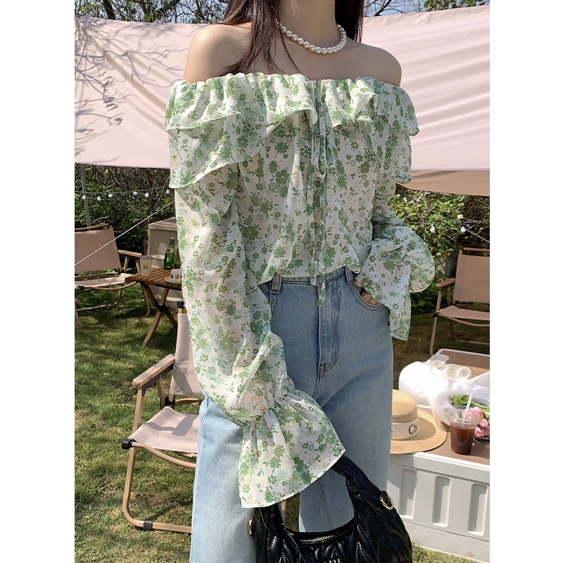 Áo Sơ Mi Tay Dài Dáng Rộng In Hoa Phối Bèo Cổ Buộc Dây Thời Trang Hàn Quốc Xinh Xắn Cho Nữ