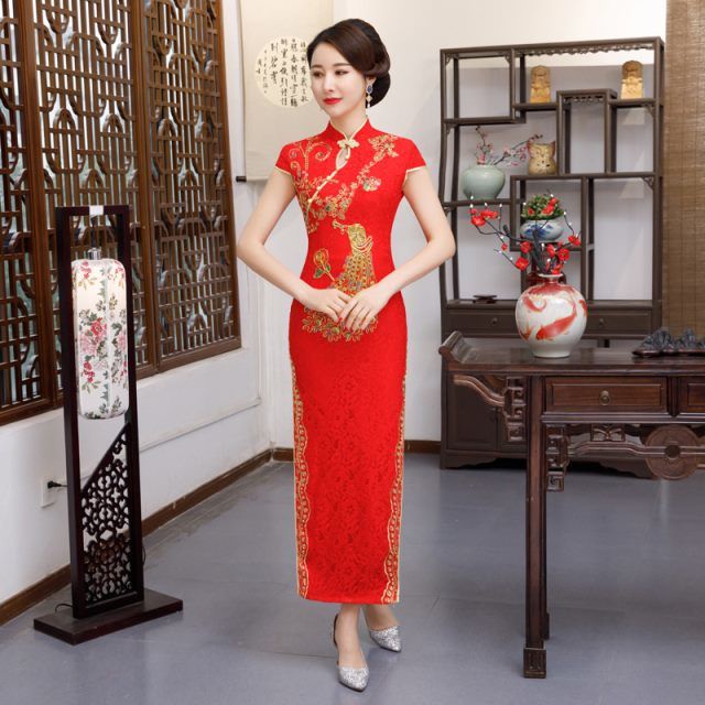 2c-v-24k. Đầm Sườn Xám Trung Hoa Dáng Dài Phối Ren Đỏ Phong Cách Mới 2023 Cho Cô Dâu Trong Biểu Diễn Nhà Máy Bán Trực Tiếp