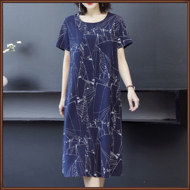 Đầm Midi Tay Ngắn Cổ Tròn In Họa Tiết Trừu Tượng Phong Cách Cổ Điển Thời Trang Cho Nữ