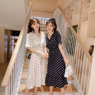 (Order) có bigsize  Đầm cổ V chun eo đuôi cá chấm bi