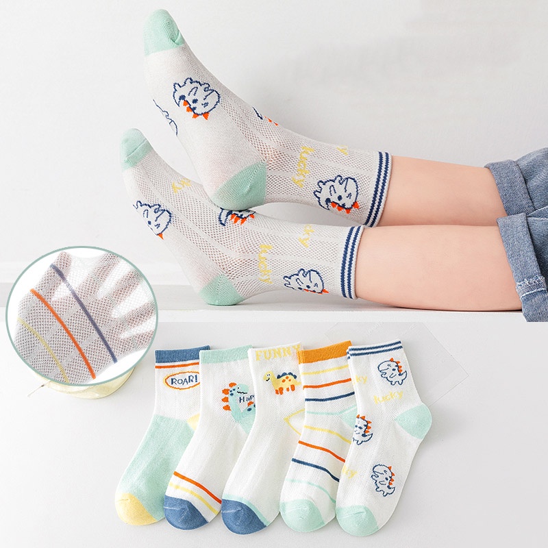 LJMOFA Set 5 Cặp Vớ Cotton Phối Lưới Thoáng Khí Thoải Mái Họa Tiết Hoạt Hình Dành Cho Bé Trai Gái 1-13 Tuổi