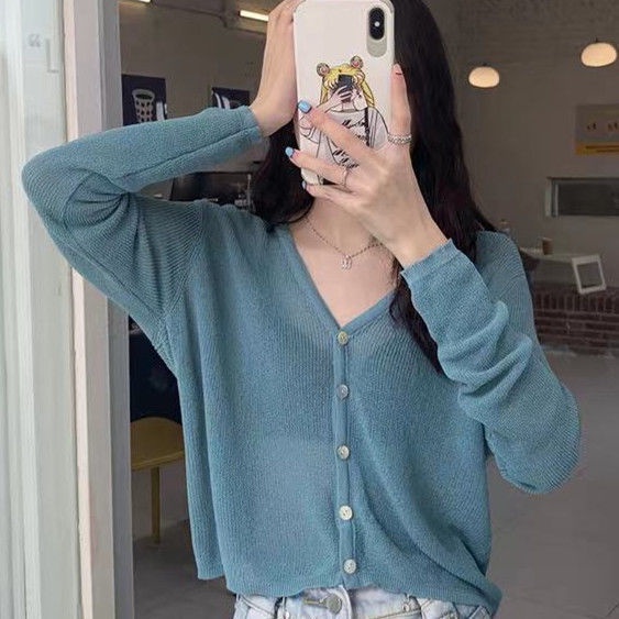áo kiểu khoác cardigan dệt kim tay dài sơ mi croptop len cổ chữ v chất liệu lụa chống nắng thời trang cho nữ
