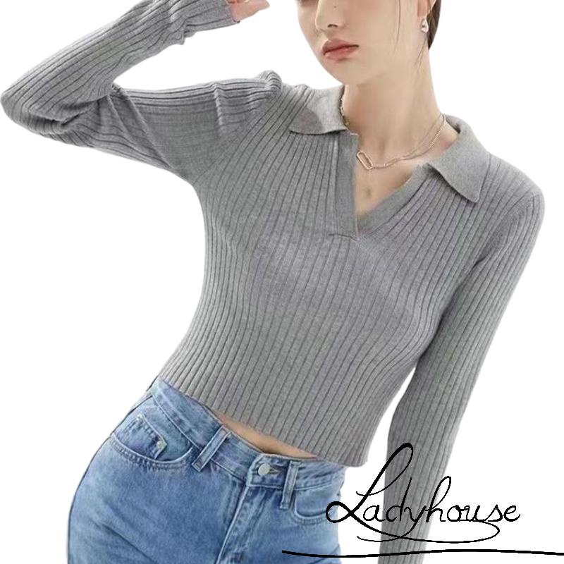 Áo Croptop Dệt Kim Tay Dài Cổ Bẻ Màu Trơn Thời Trang Xuân Thu Dành Cho Nữ