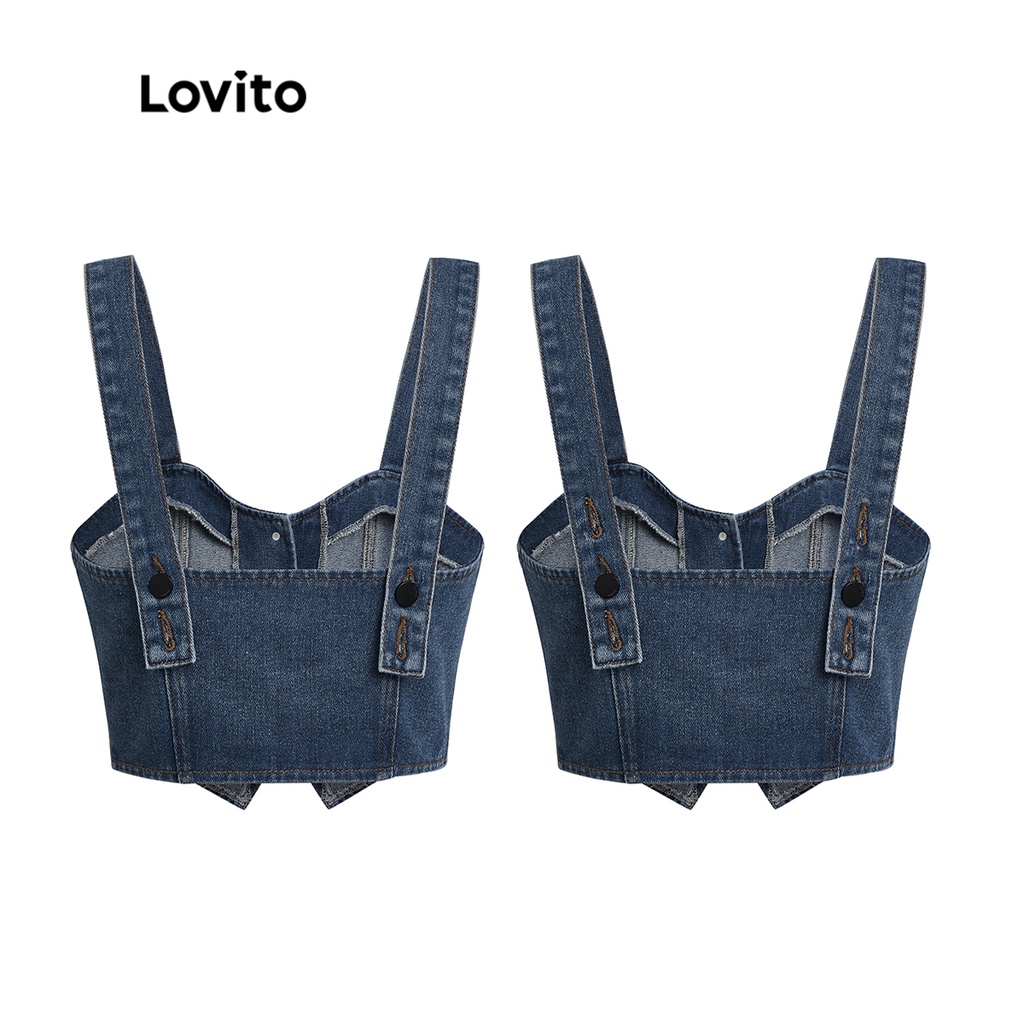 Lovito Thường Thường Thiết kế nút viền không đều Màu Camisole Phụ nữ Denim Vest Top L37AD070 (Xanh hải quân) | BigBuy360 - bigbuy360.vn