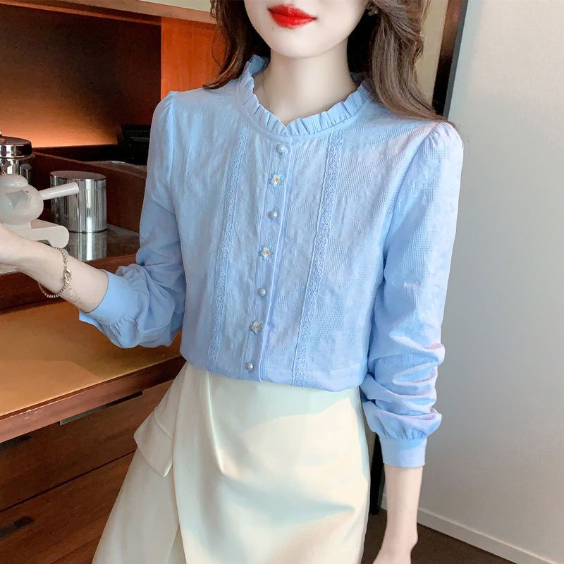 ICE Cotton Younger Fashion Embroidered Jacquard Cotton Shirt Women's Western Style Cotton Wooden Ear Collar Top