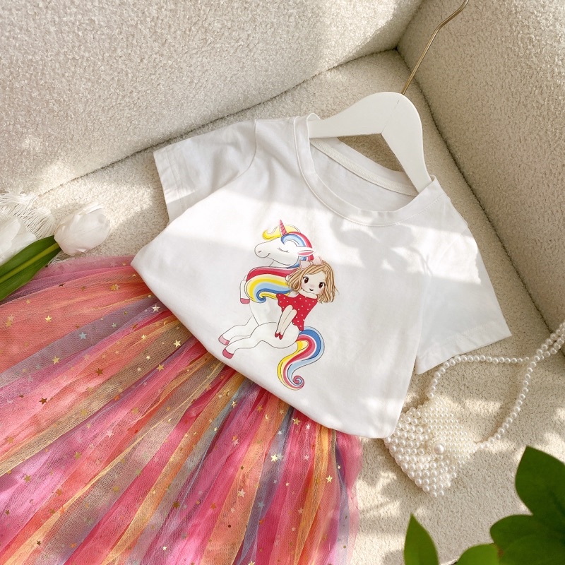 Set bộ bé gái ,Áo cotton 4c in hình Pony,Chân váy lưới sao cầu vồng xinh xắn