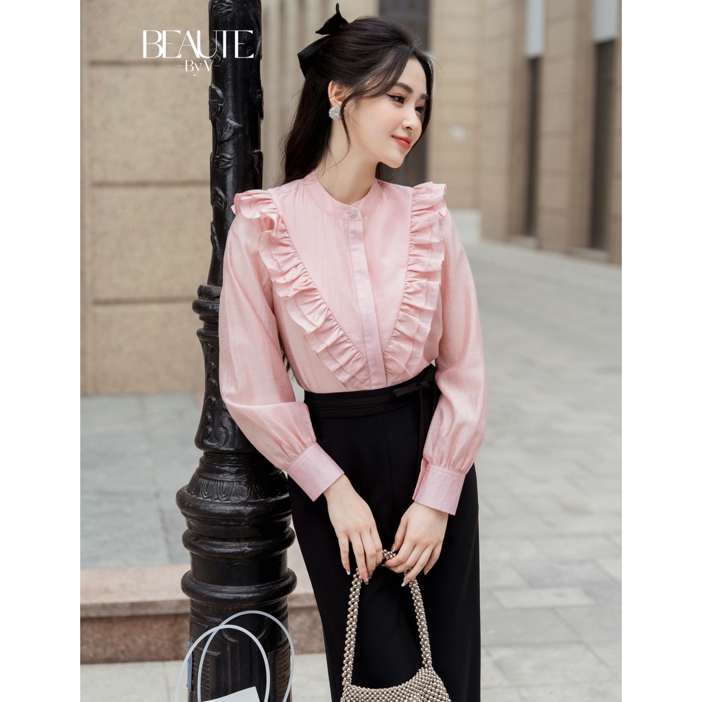 BEAUTEBYV - Áo sơmi phối bèo có khuy giấu Kyla