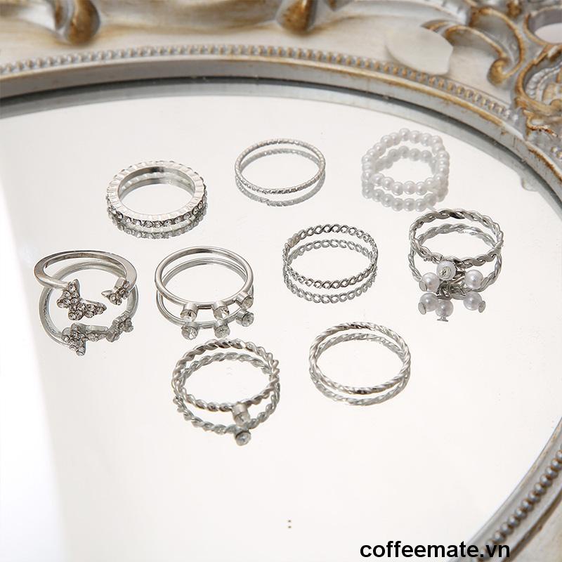 【coffeemate】⚡ Set 9 nhẫn bạc ngọc trai pha lê thanh lịch Bộ nhẫn mỏng rỗng cho nữ phụ kiện trang sức