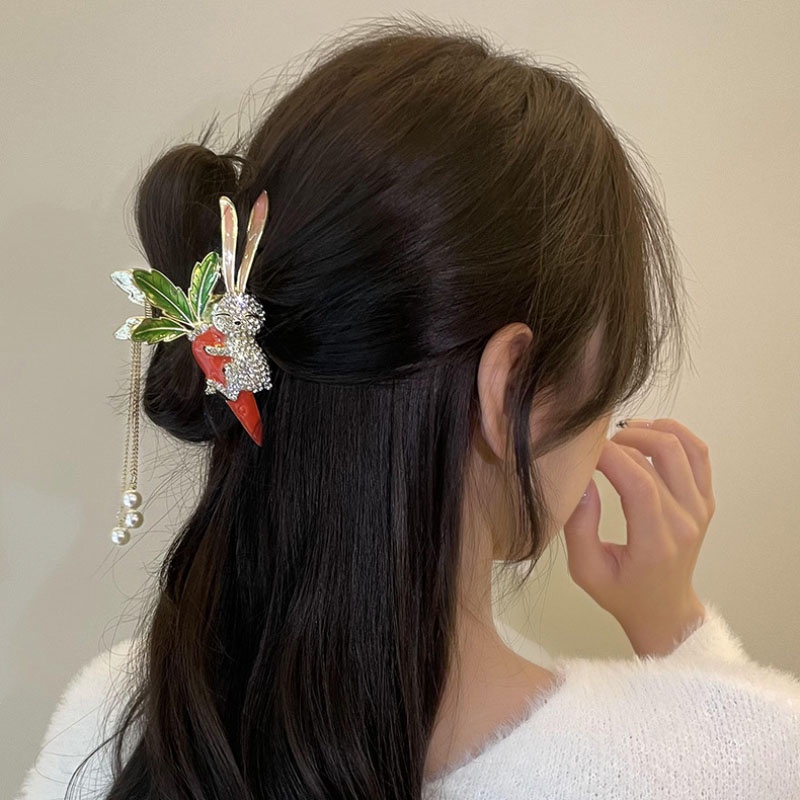 Kẹp Tóc Hình Thỏ Đính Đá Tua Rua Thời Trang Sang Trọng Cho Nữ