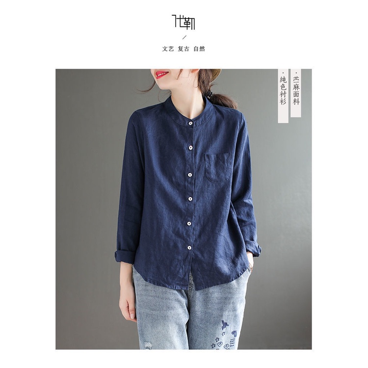 Áo Sơ Mi Vải Lanh cotton Mỏng Cổ Đứng Tay Dài Dáng Rộng Màu Trơn Thời Trang Xuân Thu Mới Dành Cho Bạn Nữ m-4xl 2023
