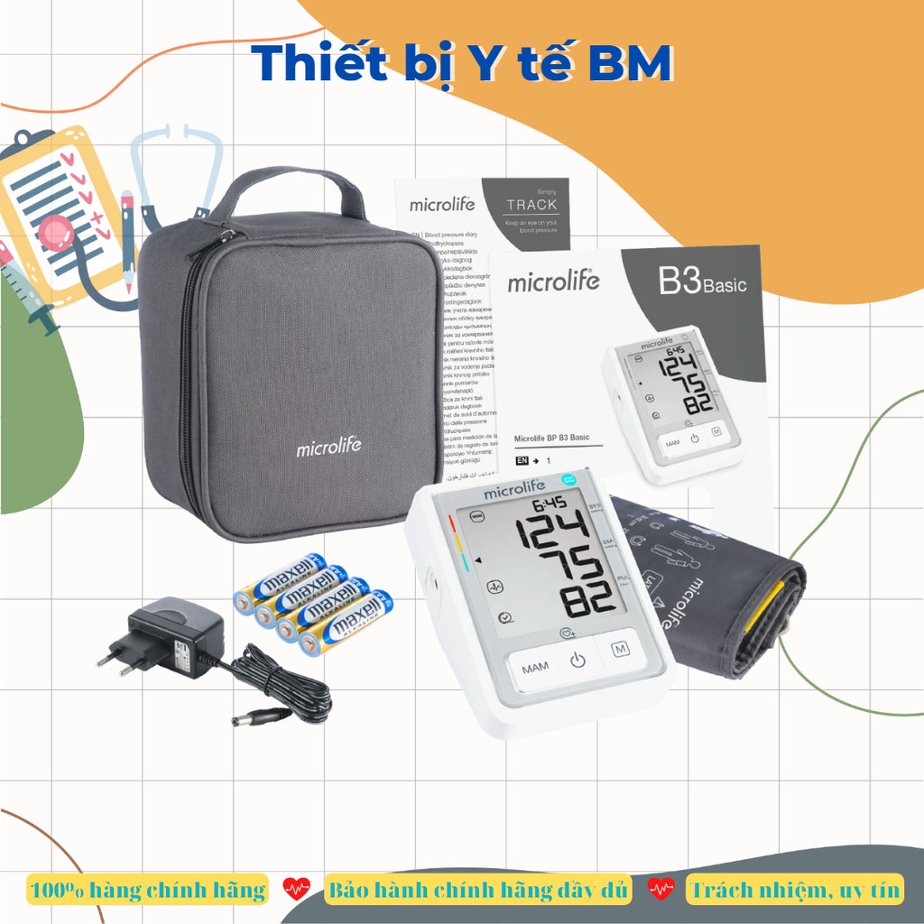 Máy đo huyết áp và nhịp tim Microlife B3 Basic có cảnh báo rối loạn nhịp tim, đo nhanh chính xác -Tbyt BM