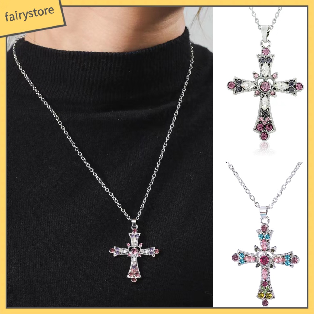 Vòng cổ Mặt Chữ Thập Đính Đá Nhiều Màu Sắc Phong Cách Âu Mỹ [Fairy1]