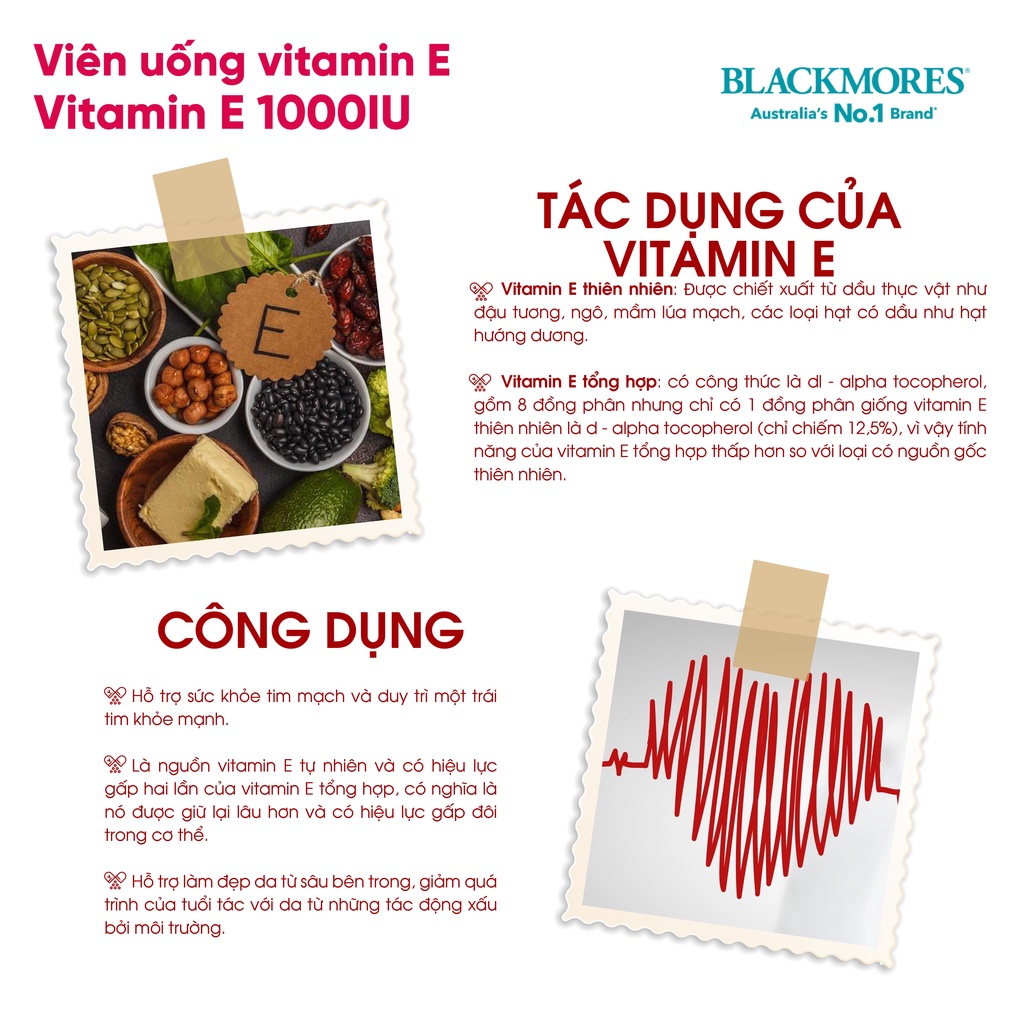 Vitamin E tự nhiên 1000IU Blackmores, viên uống bổ sung vitamin E giúp dẹp da, đẹp tóc 30 viên Úc