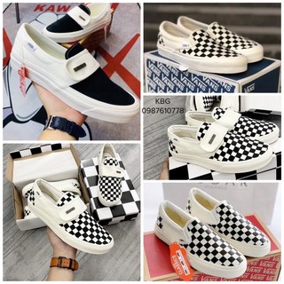 Giày thể thao Vans Slip On Strap Fear Of God Đen Trắng + Vans Caro, Giày Vans Dán Nam Nữ Đủ Size, Full Box Bill