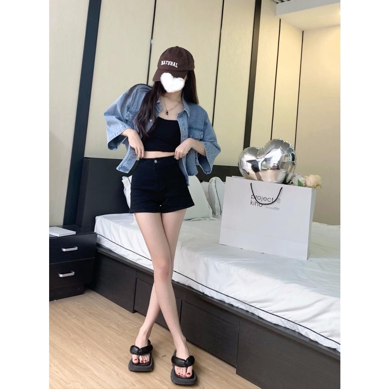 Quần Short Denim Lưng Cao Màu Đen Thời Trang Mùa Hè Cho Nữ