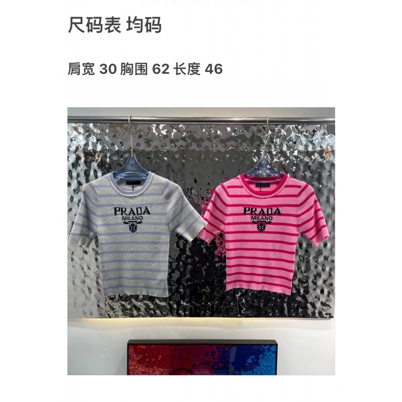 Prada 23 early spring new fashion classic triangle logo casual slim knitted short-sleeved top