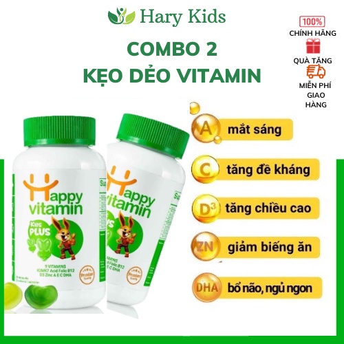 Combo 2 Kẹo dẻo bổ sung vitamin tổng hợp A,C,E,D3K2,KẼM,DHA Kids Plus+ tăng đề kháng cho bé hộp 80 viên