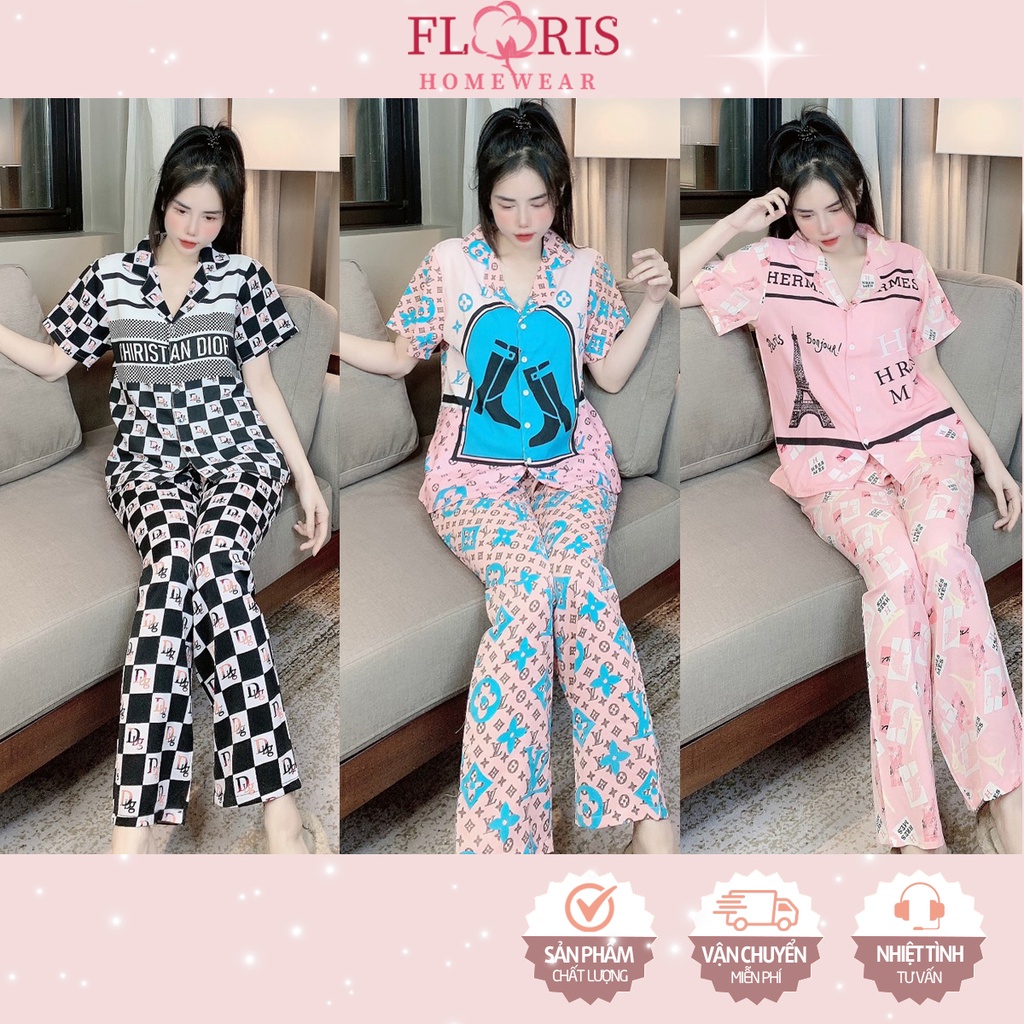Đồ bộ pijama mặc nhà lụa mango in 3D tay ngắn quần dài cổ truyền thống Floris nhiều họa tiết chất vải mềm mịn thoải mái