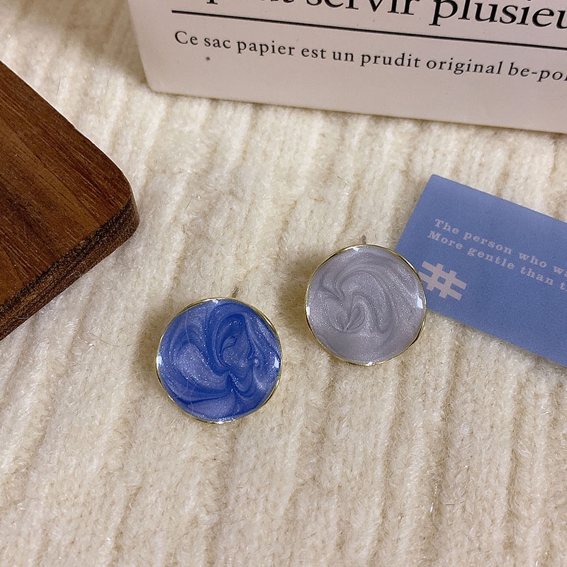 Bông Tai Hình Tròn Họa Tiết Hoa Màu Xanh Dương Phong Cách Retro Thời Trang Mùa Hè Hàng Mới 202