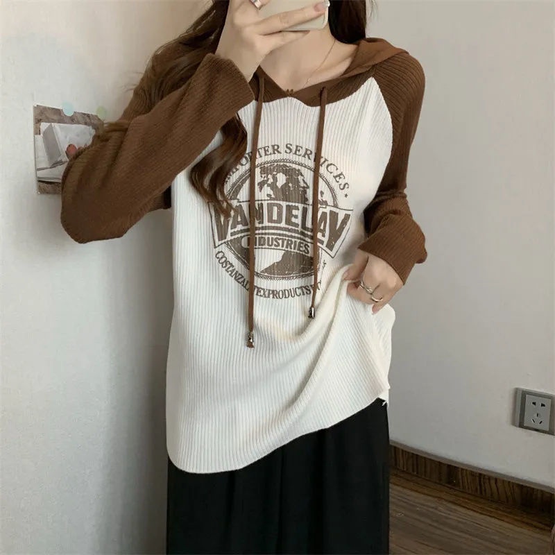 Jiashucheng Áo Hoodie Tay Dài Dáng Rộng In Họa Tiết Màu Tương Phản Kiểu Retro Thời Trang Cho Bạn Gái