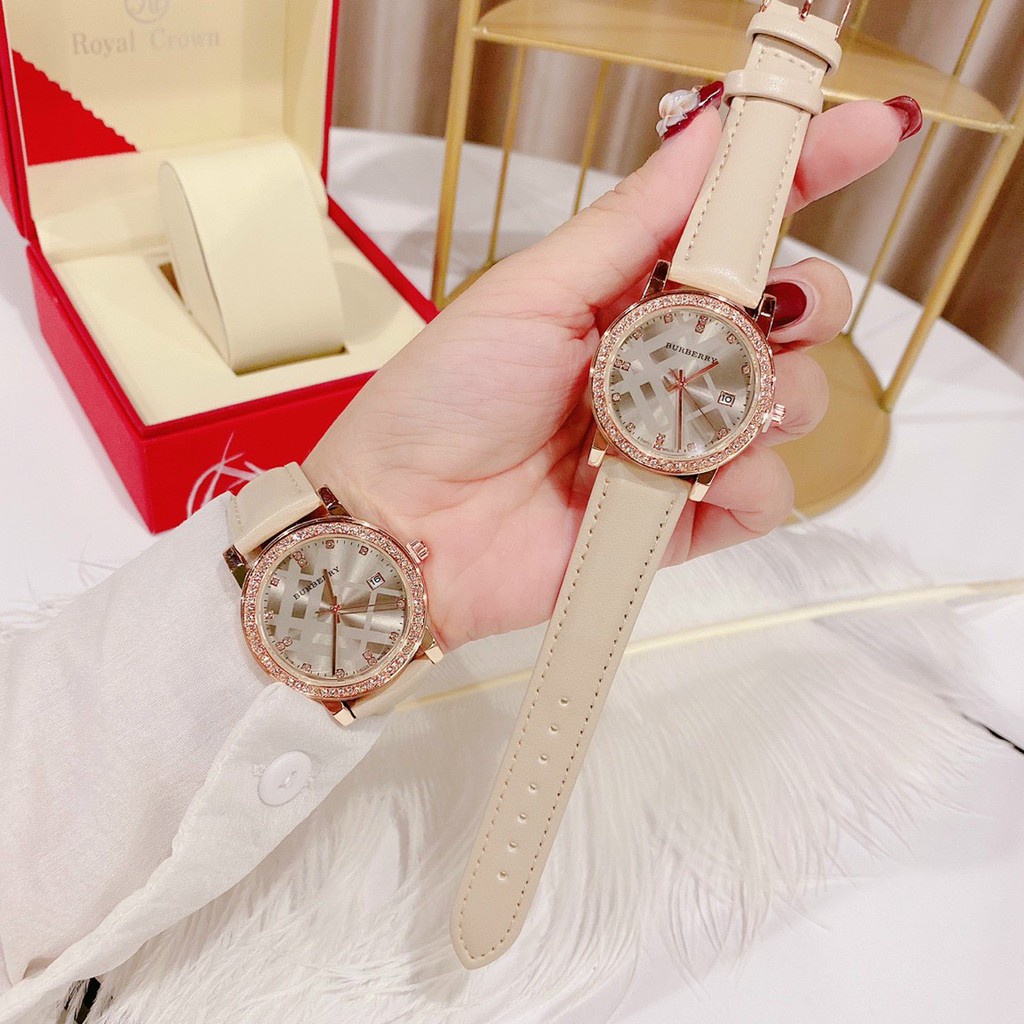 Đồng hồ nữ Bbr mặt tròn viền đá quai da mềm siêu đáng yêu, Đồng hồ thời trang màu nud bền đẹp sang trọng và thời thượng | BigBuy360 - bigbuy360.vn