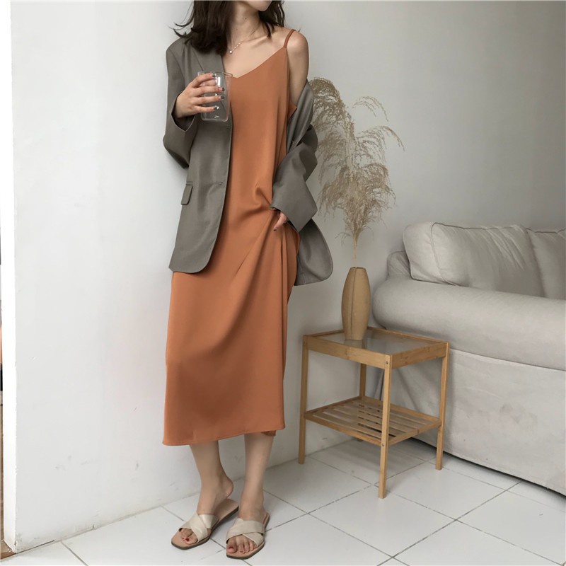 váy hai dây ulzzang order đầm cổ V đen trơn dài dáng hàn quốc KÈM ẢNH THẬT