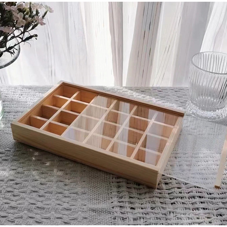 Hộp gỗ 24 Ô có nắp đậy mica ,làm hộp trưng bày nhẫn vàng, đồ nữ trang, bông tay