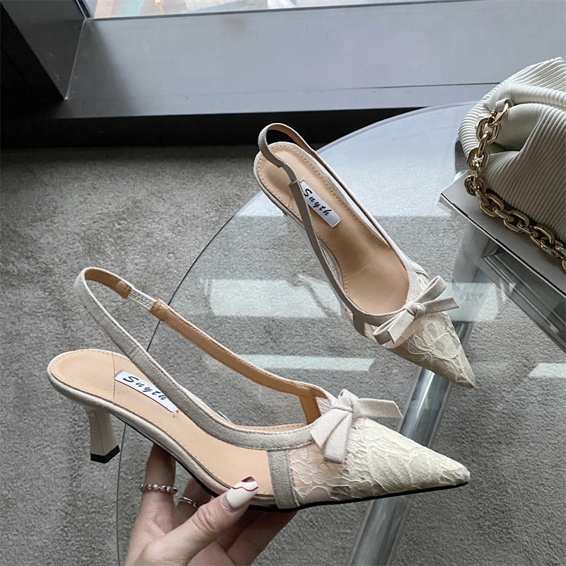 Giày Cao Gót Mũi Nhọn Phối Ren Đính Nơ Thời Trang 2023 Cho Nữ