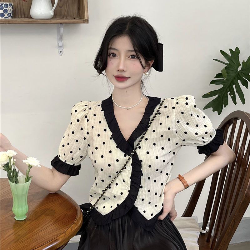Áo Sơ Mi Tay Ngắn Cổ Chữ V Họa Tiết Chấm Bi Dễ Thương Cho Nữ  tao bao