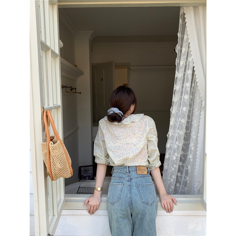 SUXI Áo Sơ Mi Tay Dài Cổ Chữ V Form Rộng Họa Tiết Hoa Ngọt Ngào Phong Cách Vintage Hàn Quốc