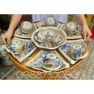 Bộ bát đĩa cúng gia tiên men rạn cổ, hoạ tiết nổi, đường kính cả bộ 47-55cm)