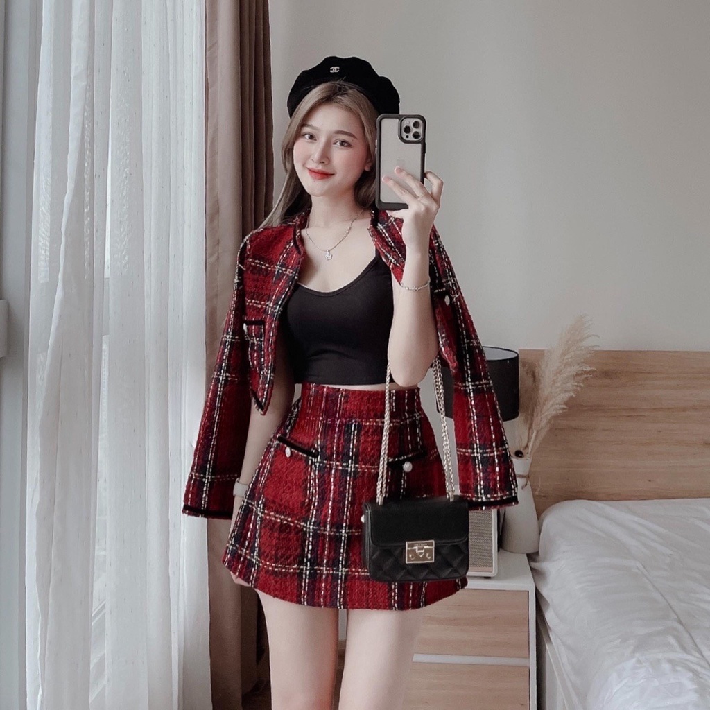 Set Dạ Đỏ Sọc Đen Tay Dài - S31073