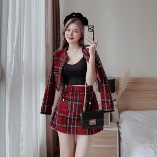 Set Dạ Đỏ Sọc Đen Tay Dài - S31073