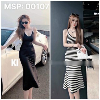 Đầm ôm body hai dây kẻ sọc cổ tim sexy
