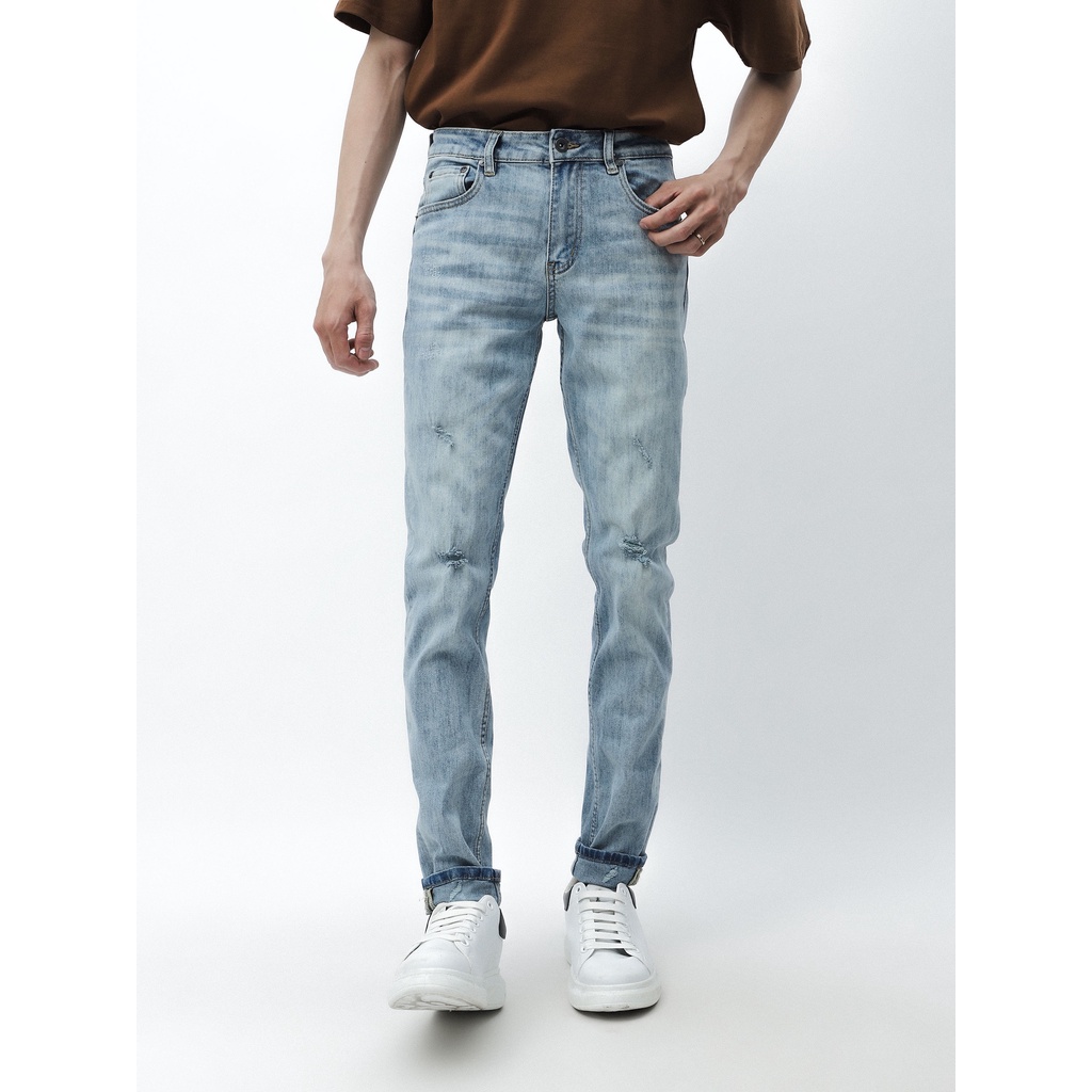QUẦN JEAN xanh nhạt wash rách DEFOXX form slimfit - RIPPED JEAN WASH DEFOXX BLUE 230210 | LASTORE MENSWEAR
