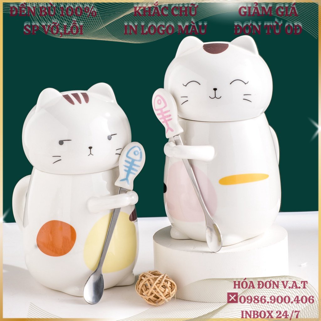 Ly cốc sứ có nắp mèo con cực đẹp 450ml, cốc sứ uống nước kèm thìa cá có hộp quà tặng