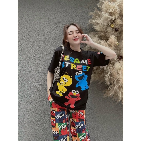 Set áo cotton hoạt hình Sesam Street đáng yêu- Set quần suông áo thun cao cấp - HN Closet