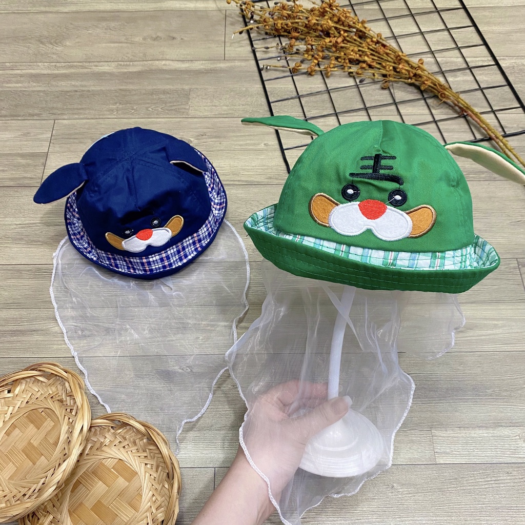 Nón tai bèo thêu hình cún có voan che bụi cho bé siêu cưng - NN31