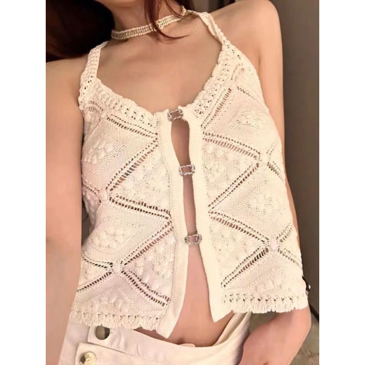 Áo Dệt Kim Hai Dây Phối Nút In Chữ Blackpink jennie Thời Trang Gợi Cảm