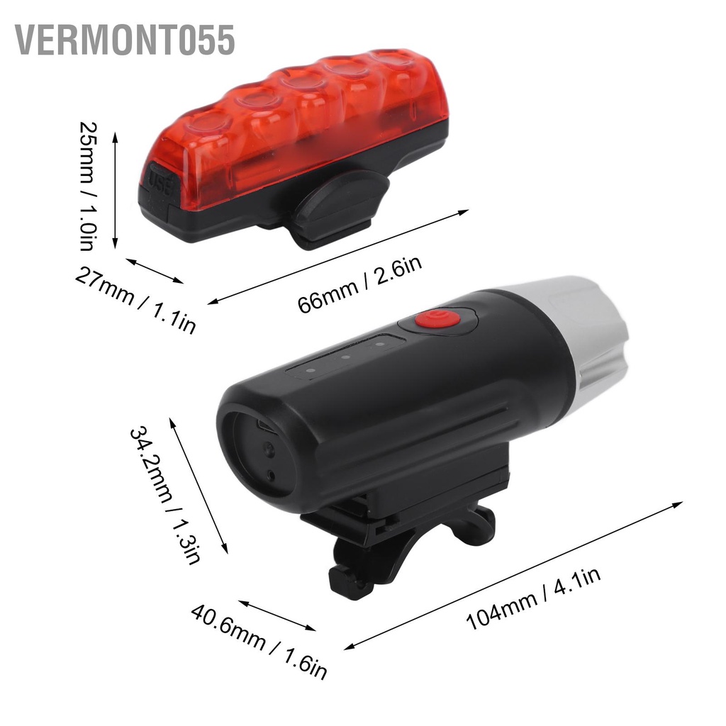 Có thể bán buôn Bộ đèn xe đạp siêu sáng có thể sạc lại USB Đèn pha phía trước và đèn hậu phía sau cho xe đạp đường núi vermont055 Hàng giao ngay