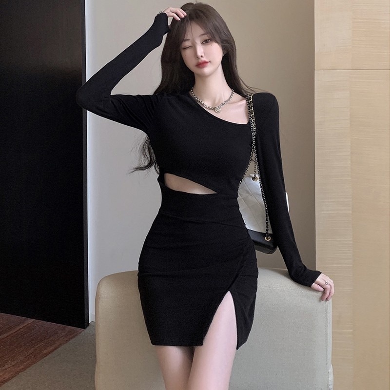 Neeeh Đầm Ôm Eo Tay Dài Cổ Chéo Gợi Cảm Phong Cách Mới Cho Nữ