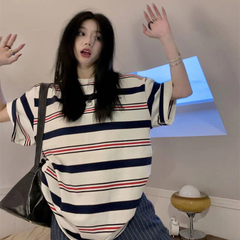 Jiashucheng Áo Thun Nữ Ngắn Tay Cổ Tròn Sọc Ngang Thời Trang Mới
