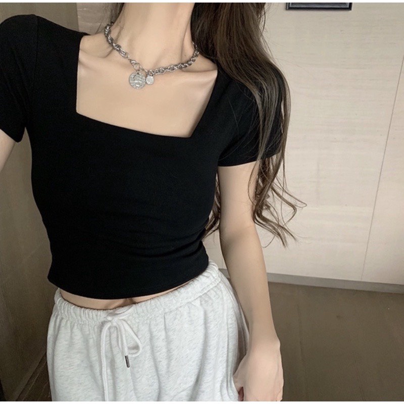 Áo thun croptop cổ vuông EMIX (2 màu) chất thun díp co giãn, mềm mát, tôn dáng Crop205/P2K6