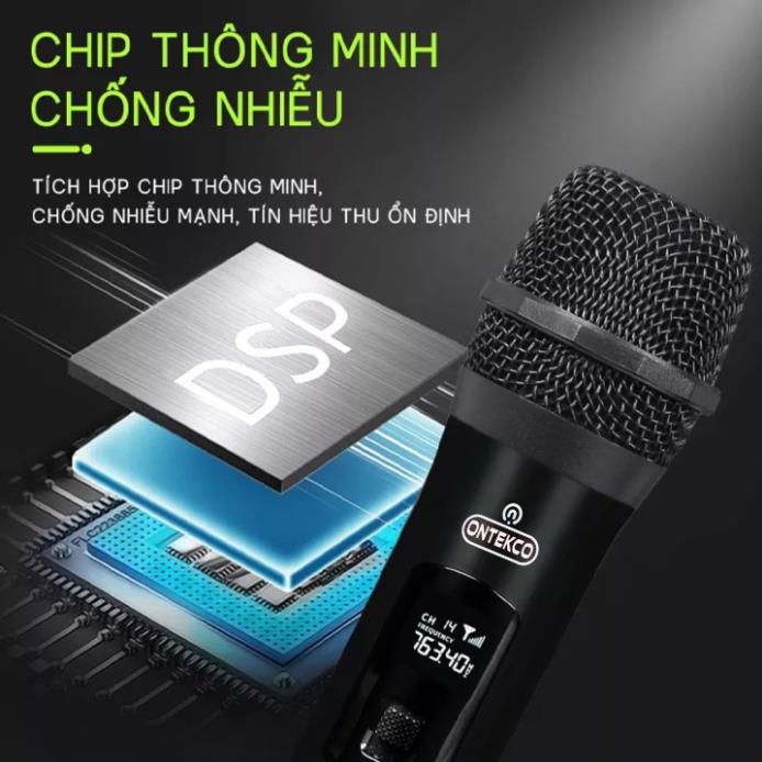 Trọn Bộ micro không dây ONTEKCO MV02 - 2 micro màu đen bóng thu phát sóng VHF không dây