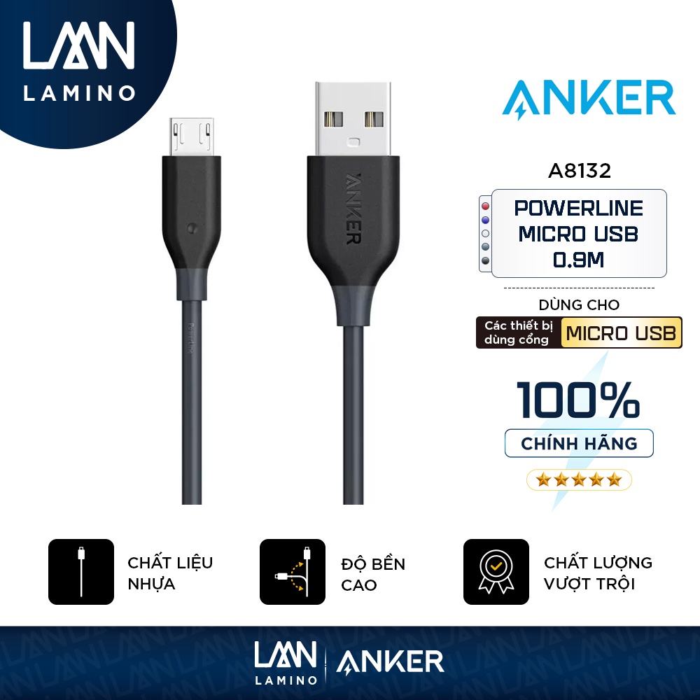 [KHÔNG DÙNG CHO IPHONE] Cáp sạc ANKER PowerLine Micro USB dài 0.9m - A8132
