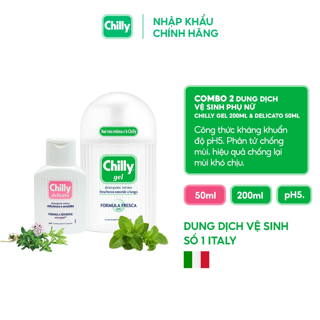 Combo 2 Dung dịch vệ sinh phụ nữ Chilly Gel 200ml + Delicato 50ml dưỡng ẩm