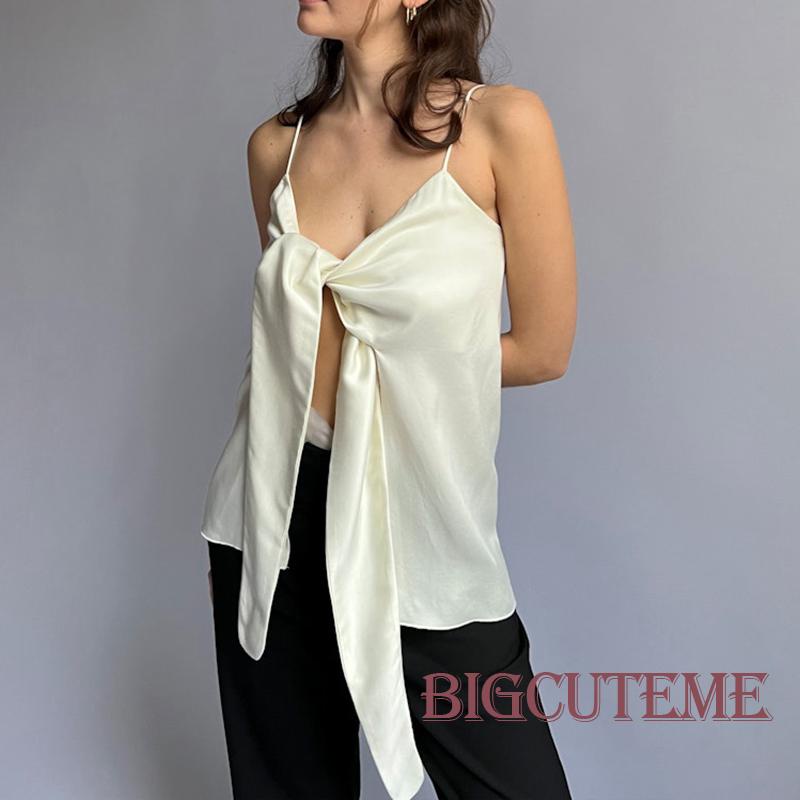 [] Áo Hai Dây Thắt Nút Sau Lưng Màu Be Ôm Dáng Mùa Hè Cho Nữ